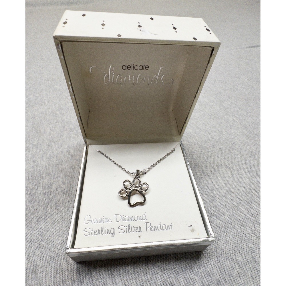 NIB Sterling Silver Diamond Dog Paw Pendant Necklace 18" Chain‎